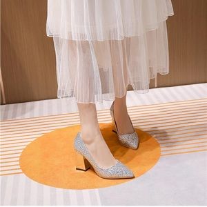 Sparkly Thick Heel, Pointed Toe Slip On Pump